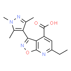 ChemSpider 2D Image | 6-ethyl-3-(1,3,5-trimethylpyrazol-4-yl)-[1,2]oxazolo[5,4-b]pyridine-4-carboxylic acid | C15H16N4O3