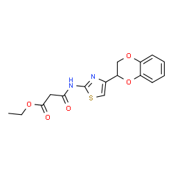 ChemSpider 2D Image | Ethyl 3-{[4-(2,3-dihydro-1,4-benzodioxin-2-yl)-1,3-thiazol-2-yl]amino}-3-oxopropanoate | C16H16N2O5S