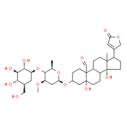 ChemSpider 2D Image | (8xi,9xi,10xi,13xi,14alpha,17xi)-3-({(4xi)-2,6-Dideoxy-3-O-methyl-4-O-[(1S,2S,3R,4S,5S)-2,3,4-trihydroxy-5-(hydroxymethyl)cyclohexyl]-beta-D-threo-hexopyranosyl}oxy)-5,14-dihydroxy-19-oxocard-20(22)-e
nolide | C37H56O13