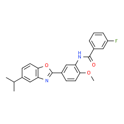 ChemSpider 2D Image | 3-Fluoro-N-[5-(5-isopropyl-1,3-benzoxazol-2-yl)-2-methoxyphenyl]benzamide | C24H21FN2O3