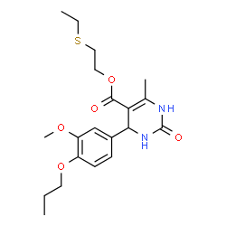 ChemSpider 2D Image | 2-(Ethylsulfanyl)ethyl 4-(3-methoxy-4-propoxyphenyl)-6-methyl-2-oxo-1,2,3,4-tetrahydro-5-pyrimidinecarboxylate | C20H28N2O5S