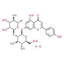 ChemSpider 2D Image | 5-Hydroxy-2-(4-hydroxyphenyl)-4-oxo-4H-chromen-7-yl 2-O-(6-deoxy-alpha-L-mannopyranosyl)-beta-L-glucopyranoside hydrate (1:1) | C27H32O15