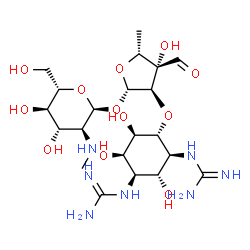 ChemSpider 2D Image | 5-Deoxy-2-O-[(1R,2S,3R,4R,5R,6R)-2,4-dicarbamimidamido-3,5,6-trihydroxycyclohexyl]-3-C-formyl-beta-D-xylofuranosyl 2-deoxy-2-(methylamino)-alpha-L-glucopyranoside | C21H39N7O12
