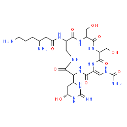 ChemSpider 2D Image | 3,6-Diamino-N-[(6Z)-3-[(6R)-2-amino-6-hydroxy-1,4,5,6-tetrahydro-4-pyrimidinyl]-6-[(carbamoylamino)methylene]-9,12-bis(hydroxymethyl)-2,5,8,11,14-pentaoxo-1,4,7,10,13-pentaazacyclohexadecan-15-yl]hexa
namide | C25H43N13O10