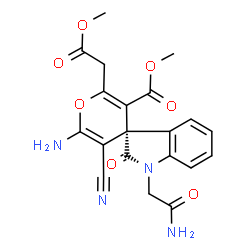 ChemSpider 2D Image | Methyl (3R)-6'-amino-1-(2-amino-2-oxoethyl)-5'-cyano-2'-(2-methoxy-2-oxoethyl)-2-oxo-1,2-dihydrospiro[indole-3,4'-pyran]-3'-carboxylate | C20H18N4O7