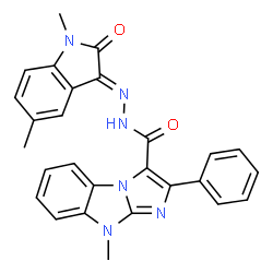 ChemSpider 2D Image | N'-[(3E)-1,5-Dimethyl-2-oxo-1,2-dihydro-3H-indol-3-ylidene]-9-methyl-2-phenyl-9H-imidazo[1,2-a]benzimidazole-3-carbohydrazide | C27H22N6O2