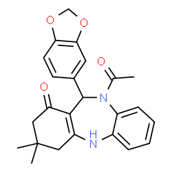 ChemSpider 2D Image | 10-Acetyl-11-(1,3-benzodioxol-5-yl)-3,3-dimethyl-2,3,4,5,10,11-hexahydro-1H-dibenzo[b,e][1,4]diazepin-1-one | C24H24N2O4