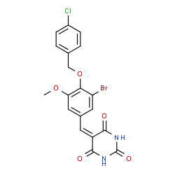 ChemSpider 2D Image | 5-{3-Bromo-4-[(4-chlorobenzyl)oxy]-5-methoxybenzylidene}-2,4,6(1H,3H,5H)-pyrimidinetrione | C19H14BrClN2O5