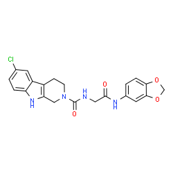 ChemSpider 2D Image | N-[2-(1,3-Benzodioxol-5-ylamino)-2-oxoethyl]-6-chloro-1,3,4,9-tetrahydro-2H-beta-carboline-2-carboxamide | C21H19ClN4O4