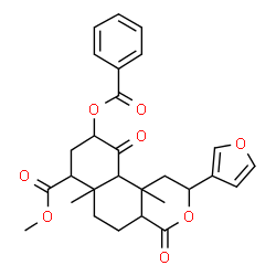 ChemSpider 2D Image | Methyl 9-(benzoyloxy)-2-(3-furyl)-6a,10b-dimethyl-4,10-dioxododecahydro-2H-benzo[f]isochromene-7-carboxylate | C28H30O8
