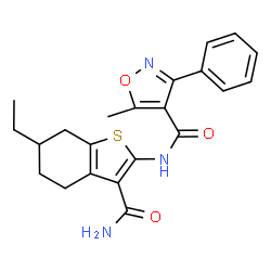 ChemSpider 2D Image | N-(3-Carbamoyl-6-ethyl-4,5,6,7-tetrahydro-1-benzothiophen-2-yl)-5-methyl-3-phenyl-1,2-oxazole-4-carboxamide | C22H23N3O3S