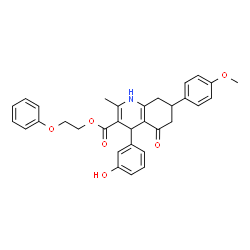 ChemSpider 2D Image | 2-Phenoxyethyl 4-(3-hydroxyphenyl)-7-(4-methoxyphenyl)-2-methyl-5-oxo-1,4,5,6,7,8-hexahydro-3-quinolinecarboxylate | C32H31NO6