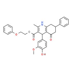 ChemSpider 2D Image | 2-Phenoxyethyl 4-(4-hydroxy-3-methoxyphenyl)-2-methyl-5-oxo-7-phenyl-1,4,5,6,7,8-hexahydro-3-quinolinecarboxylate | C32H31NO6