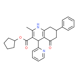 ChemSpider 2D Image | Cyclopentyl 2-methyl-5-oxo-7-phenyl-4-(2-pyridinyl)-1,4,5,6,7,8-hexahydro-3-quinolinecarboxylate | C27H28N2O3