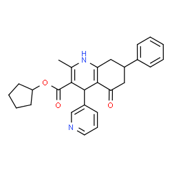 ChemSpider 2D Image | Cyclopentyl 2-methyl-5-oxo-7-phenyl-4-(3-pyridinyl)-1,4,5,6,7,8-hexahydro-3-quinolinecarboxylate | C27H28N2O3