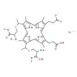 ChemSpider 2D Image | Iron(2+) 3-[13-(1-{[2-amino-3-(methylamino)-3-oxopropyl]sulfanyl}ethyl)-8-(1-{[2-amino-3-(methylazanidyl)-3-oxopropyl]sulfanyl}ethyl)-18-(2-carboxyethyl)-3,7,12,17-tetramethyl-2-porphyrinyl]propanoate | C42H52FeN8O6S2