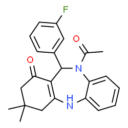 ChemSpider 2D Image | 10-Acetyl-11-(3-fluorophenyl)-3,3-dimethyl-2,3,4,5,10,11-hexahydro-1H-dibenzo[b,e][1,4]diazepin-1-one | C23H23FN2O2