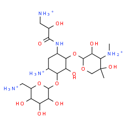 ChemSpider 2D Image | 6-Ammonio-4-[(3-ammonio-2-hydroxypropanoyl)amino]-3-{[3-deoxy-4-C-methyl-3-(methylammonio)pentopyranosyl]oxy}-2-hydroxycyclohexyl 6-ammonio-6-deoxyhexopyranoside | C22H47N5O12