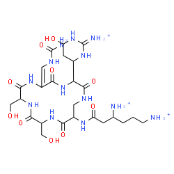 ChemSpider 2D Image | 6-{[3-(2-Ammonio-6-hydroxy-1,4,5,6-tetrahydro-4-pyrimidinyl)-6-[(carbamoylamino)methylene]-9,12-bis(hydroxymethyl)-2,5,8,11,14-pentaoxo-1,4,7,10,13-pentaazacyclohexadecan-15-yl]amino}-6-oxo-1,4-hexane
diaminium | C25H46N13O10