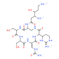 ChemSpider 2D Image | 6-{[(6E)-3-(2-Ammonio-1,4,5,6-tetrahydro-4-pyrimidinyl)-6-[(carbamoylamino)methylene]-9,12-bis(hydroxymethyl)-2,5,8,11,14-pentaoxo-1,4,7,10,13-pentaazacyclohexadecan-15-yl]amino}-3-hydroxy-6-oxo-1,4-h
exanediaminium | C25H46N13O10