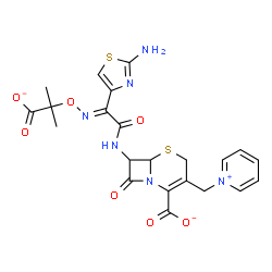 ChemSpider 2D Image | 7-{[(2E)-2-(2-Amino-1,3-thiazol-4-yl)-2-{[(2-carboxylato-2-propanyl)oxy]imino}acetyl]amino}-8-oxo-3-(1-pyridiniumylmethyl)-5-thia-1-azabicyclo[4.2.0]oct-2-ene-2-carboxylate | C22H21N6O7S2