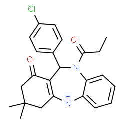 ChemSpider 2D Image | 11-(4-Chlorophenyl)-3,3-dimethyl-10-propionyl-2,3,4,5,10,11-hexahydro-1H-dibenzo[b,e][1,4]diazepin-1-one | C24H25ClN2O2
