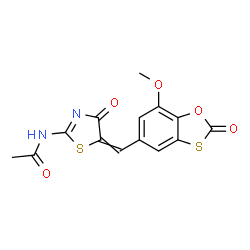 ChemSpider 2D Image | N-{5-[(7-Methoxy-2-oxo-1,3-benzoxathiol-5-yl)methylene]-4-oxo-4,5-dihydro-1,3-thiazol-2-yl}acetamide | C14H10N2O5S2
