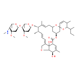 ChemSpider 2D Image | (1'R,4'S,10'E,12'S,13'S,14'E,16'E,21'R)-6-sec-Butyl-21',24'-dihydroxy-5,11',13',22'-tetramethyl-2'-oxo-5,6-dihydrospiro[pyran-2,6'-[3,7,19]trioxatetracyclo[15.6.1.1~4,8~.0~20,24~]pentacosa[10,14,16,22]tetraen]-12'-yl 2,6-dideoxy-3-O-methyl-4-O-[2,4,6-trideoxy-3-O-methyl-4-(methylamino)-L-lyxo-hexopyranosyl]-L-threo-hexopyranoside | C49H75NO13