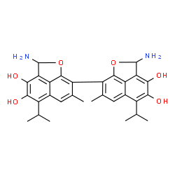 ChemSpider 2D Image | 2,2'-Diamino-5,5'-diisopropyl-7,7'-dimethyl-2H,2'H-8,8'-binaphtho[1,8-bc]furan-3,3',4,4'-tetrol | C30H32N2O6