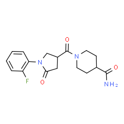 ChemSpider 2D Image | 1-{[1-(2-Fluorophenyl)-5-oxo-3-pyrrolidinyl]carbonyl}-4-piperidinecarboxamide | C17H20FN3O3