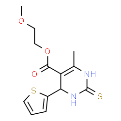 ChemSpider 2D Image | 2-Methoxyethyl 6-methyl-4-(2-thienyl)-2-thioxo-1,2,3,4-tetrahydro-5-pyrimidinecarboxylate | C13H16N2O3S2