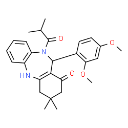 ChemSpider 2D Image | 11-(2,4-Dimethoxyphenyl)-10-isobutyryl-3,3-dimethyl-2,3,4,5,10,11-hexahydro-1H-dibenzo[b,e][1,4]diazepin-1-one | C27H32N2O4