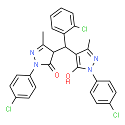 ChemSpider 2D Image | 2-(4-Chlorophenyl)-4-{(2-chlorophenyl)[1-(4-chlorophenyl)-5-hydroxy-3-methyl-1H-pyrazol-4-yl]methyl}-5-methyl-2,4-dihydro-3H-pyrazol-3-one | C27H21Cl3N4O2