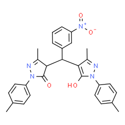 ChemSpider 2D Image | 4-{[5-Hydroxy-3-methyl-1-(4-methylphenyl)-1H-pyrazol-4-yl](3-nitrophenyl)methyl}-5-methyl-2-(4-methylphenyl)-2,4-dihydro-3H-pyrazol-3-one | C29H27N5O4