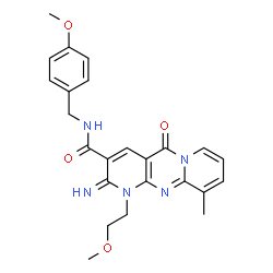 ChemSpider 2D Image | 2-Imino-N-(4-methoxybenzyl)-1-(2-methoxyethyl)-10-methyl-5-oxo-1,5-dihydro-2H-dipyrido[1,2-a:2',3'-d]pyrimidine-3-carboxamide | C24H25N5O4