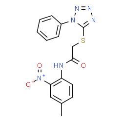 ChemSpider 2D Image | N-(4-Methyl-2-nitrophenyl)-2-[(1-phenyl-1H-tetrazol-5-yl)sulfanyl]acetamide | C16H14N6O3S