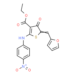 ChemSpider 2D Image | Ethyl 5-(2-furylmethylene)-2-[(4-nitrophenyl)amino]-4-oxo-4,5-dihydro-3-thiophenecarboxylate | C18H14N2O6S
