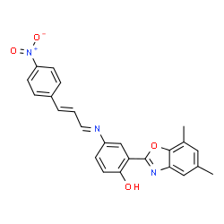 ChemSpider 2D Image | 2-(5,7-Dimethyl-1,3-benzoxazol-2-yl)-4-{(E)-[(2E)-3-(4-nitrophenyl)-2-propen-1-ylidene]amino}phenol | C24H19N3O4
