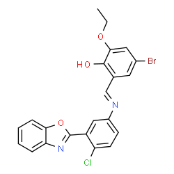 ChemSpider 2D Image | 2-[(E)-{[3-(1,3-Benzoxazol-2-yl)-4-chlorophenyl]imino}methyl]-4-bromo-6-ethoxyphenol | C22H16BrClN2O3