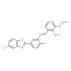 ChemSpider 2D Image | 2-[(E)-{[5-(5-Chloro-1,3-benzoxazol-2-yl)-2-methylphenyl]imino}methyl]-6-ethoxyphenol | C23H19ClN2O3