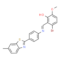 ChemSpider 2D Image | 3-Bromo-6-methoxy-2-[(E)-{[4-(6-methyl-1,3-benzothiazol-2-yl)phenyl]imino}methyl]phenol | C22H17BrN2O2S
