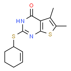 ChemSpider 2D Image | 2-(2-Cyclohexen-1-ylsulfanyl)-5,6-dimethylthieno[2,3-d]pyrimidin-4(3H)-one | C14H16N2OS2