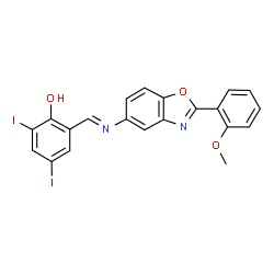 ChemSpider 2D Image | 2,4-Diiodo-6-[(E)-{[2-(2-methoxyphenyl)-1,3-benzoxazol-5-yl]imino}methyl]phenol | C21H14I2N2O3