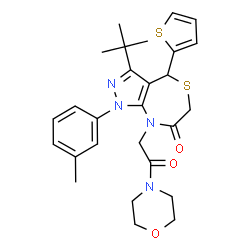 ChemSpider 2D Image | 1-(3-Methylphenyl)-3-(2-methyl-2-propanyl)-8-[2-(4-morpholinyl)-2-oxoethyl]-4-(2-thienyl)-4,8-dihydro-1H-pyrazolo[3,4-e][1,4]thiazepin-7(6H)-one | C27H32N4O3S2