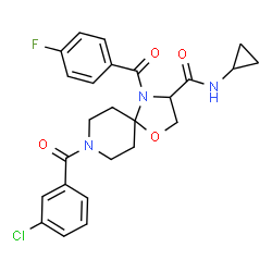 ChemSpider 2D Image | 8-(3-Chlorobenzoyl)-N-cyclopropyl-4-(4-fluorobenzoyl)-1-oxa-4,8-diazaspiro[4.5]decane-3-carboxamide | C25H25ClFN3O4