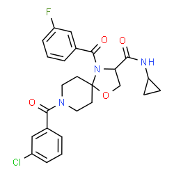ChemSpider 2D Image | 8-(3-Chlorobenzoyl)-N-cyclopropyl-4-(3-fluorobenzoyl)-1-oxa-4,8-diazaspiro[4.5]decane-3-carboxamide | C25H25ClFN3O4