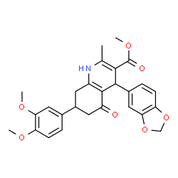 ChemSpider 2D Image | Methyl 4-(1,3-benzodioxol-5-yl)-7-(3,4-dimethoxyphenyl)-2-methyl-5-oxo-1,4,5,6,7,8-hexahydro-3-quinolinecarboxylate | C27H27NO7