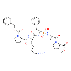ChemSpider 2D Image | Methyl N-{[1-({1-[(benzyloxy)carbonyl]prolyl-6-ammonionorleucyl}amino)-2-phenylethyl](hydroxy)phosphoryl}alanylprolinate | C36H52N6O9P