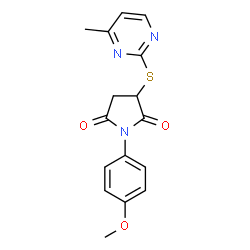 ChemSpider 2D Image | 1-(4-Methoxyphenyl)-3-[(4-methyl-2-pyrimidinyl)sulfanyl]-2,5-pyrrolidinedione | C16H15N3O3S