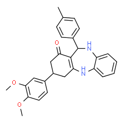 ChemSpider 2D Image | 3-(3,4-Dimethoxyphenyl)-11-(4-methylphenyl)-2,3,4,5,10,11-hexahydro-1H-dibenzo[b,e][1,4]diazepin-1-one | C28H28N2O3